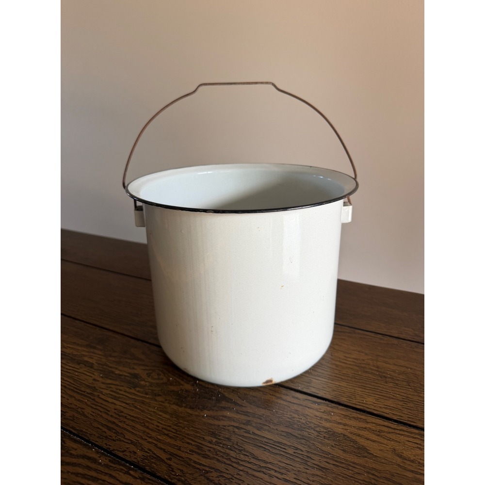 Vintage White Enamel Bucket With Handle Farmhouse Rustic Wire Handle